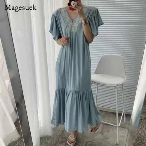 Summer 2021 Fashion Lady Dress Flying Sleeve V-neck Embroidery Blue Over-knee Dress Casual High Waist Loose Dress Vestidos 15730