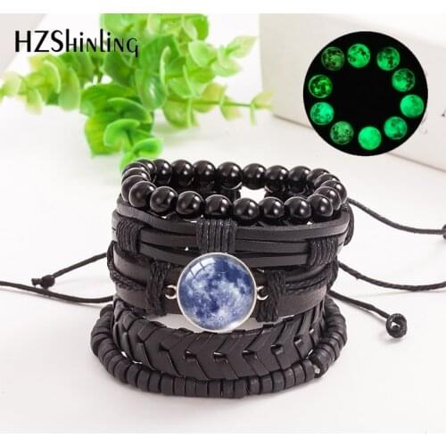 2021 New 5pcs/set Full Moon Leather Bracelet Color Moon Glowing Bracelets Glass Cabochon Glow Jewelry Handmade