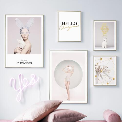 Flower Rabbit Short Hair Sexy Girl Quotes Wall Art Canvas Painting Nordic Posters And Prints Wall Pictures For Living Room Decor