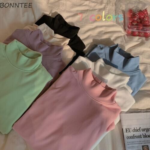 Long Sleeve T-shirts Women Turtleneck Solid Female All-match Soft Lady Students Tees Leisure Spring Harajuku Tees Simple College
