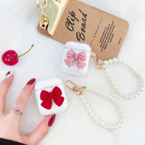 Sweet Cream Bow Headphones Box For AirPods 1 2 Pro 3 Case Clear Soft TPU Earphone Case Cover With Cute Pearl Bracelet Keychain