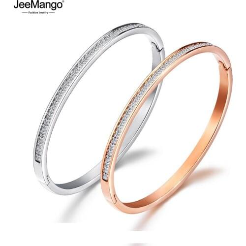 JeeMango Classic Stainless Steel Rose Gold Cubic Zirconia Cuff Bangles Bracelet Lovers Jewelry Valentines Day Gift JB18047