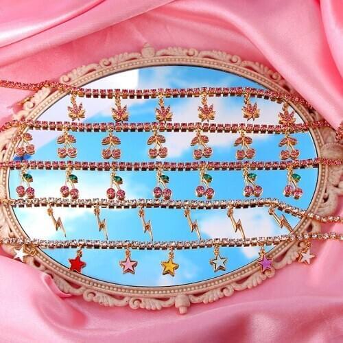 JUST FEEL Bling Gold Color Crystal Tennis Chain Choker Necklace Girls 7 Pcs Star Lightning Cherry Pendant Necklace Party Jewelry