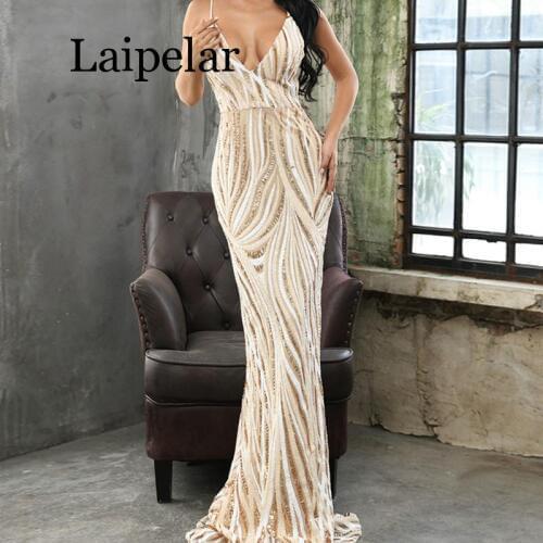 Laipelar 2019 Sexy Graceful V Neck Off Shoulder Sequin Dresses Female Maxi Party Dress Vestidos