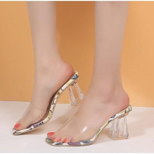 Summer Transparent Womens Slippers Womens Outdoor Leisure Open-toe High-heeled Heels Womens Slippers Womens Shoes