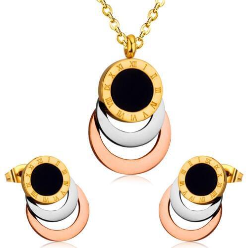 LUXUKISSKIDS Trendy Jewellery Contain 3 Color Gold/Steel/Rose Gold Round Pendant Roman Number With Black Shell Dubai Jewelry Set