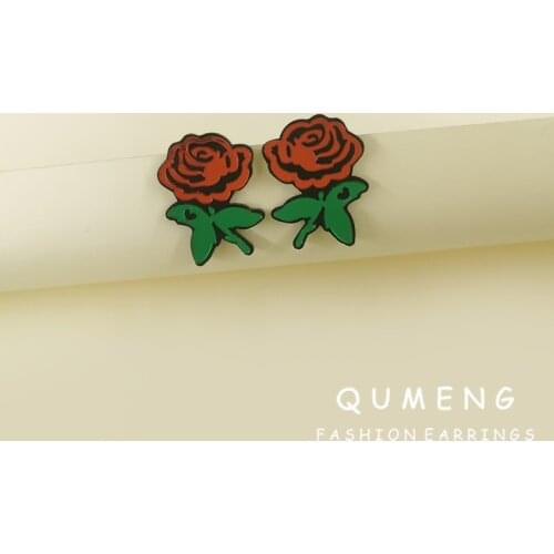 QUMENG Fashion Elegant Vintage Red Rose Mirror Acrylic Stud Earrings Plant High Quality Jewelry Delicate Girl Beautiful Gift