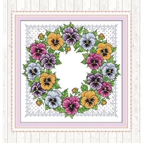 Pansy Wreath DIY Needlework Crafts Cross Stitch Kits Patterns Kits 11CT 14CT Cotton Thread Embroidery Needlework Sets Home Decor
