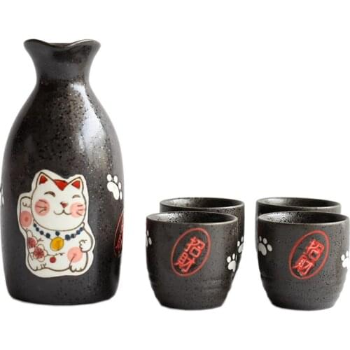 Japanese style lucky cat one pot four cups tray sake wine set white yellow wine bottle cup household ceramic wineware