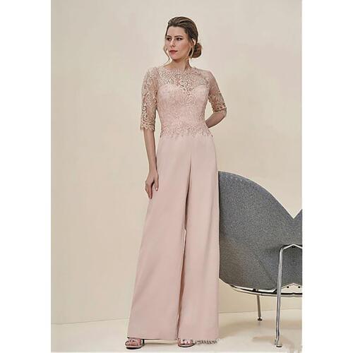 New Arrival Jumpsuits Lace Pastel Half Sleeves Elegant Wedding Guest Dress Zipper Back Long Mother Of The Bride Pant Suits