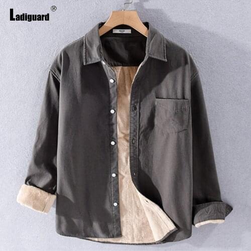 2021 Single-Breasted Men Skinny Top Outerwear Long Sleeve Plush Lined Shirt Blouse Autumn Winter Casual Shirt Sexy Mens clothing