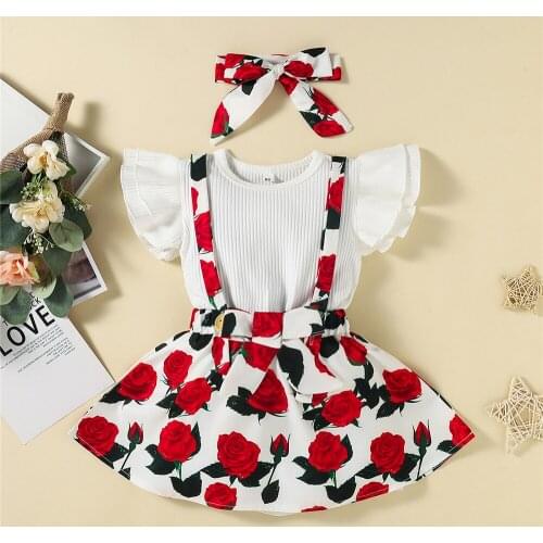 1-6Y Kid Baby Girl Summer 3Pcs Suits Solid Color Fly Short Sleeve Knitted Rib T-Shirt Top + Floral Suspender Skirt With Headband