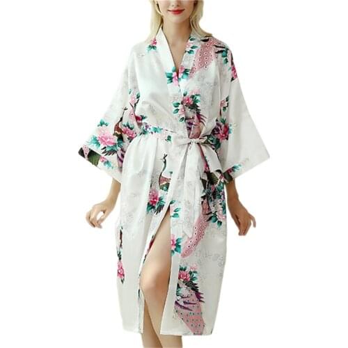 Lady Sexy Costumes Japanese Kimono Yukata Dress with Belt Satin Silk Cardigan Pajamas Sleepwear Woman Smooth Bathing Robe Gown