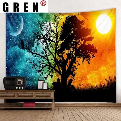 GREN Tree Forest Sky Moon Tapestry Hanging Covering Rugs Background Cloth Beach Mat Blanket Art Bedroom Living Room Home Decor