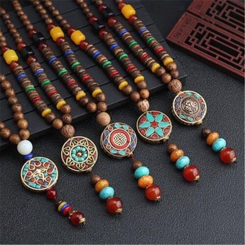 Retro Nepal Necklace Buddhist Mala Mantra Wood Beads Pendant Necklace Ethnic Feather Horn Fish Long Statement Jewelry Women Men
