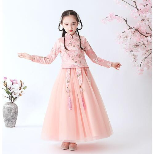 Pink Embroidered princess dress Girls cheongsam dress performance Dress Winter Plush Keep Warm Dresses New Years Dress