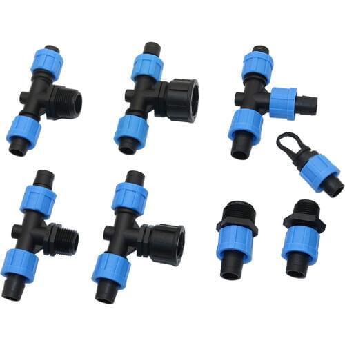 Garden 16mm Drip Tape Locked Connectors 1/2" 3/4" Internal External Thread to DN17 Pipe Interface Straight Tee Connector 50Pcs