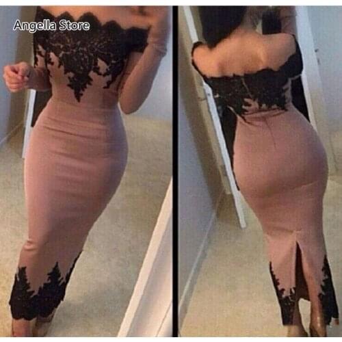 Sexy Long Sleeve Sheath Evening Formal Dresses For Women Ankle Length Dusty Purple Black Lace Appliques Off Shoulder Party Gown