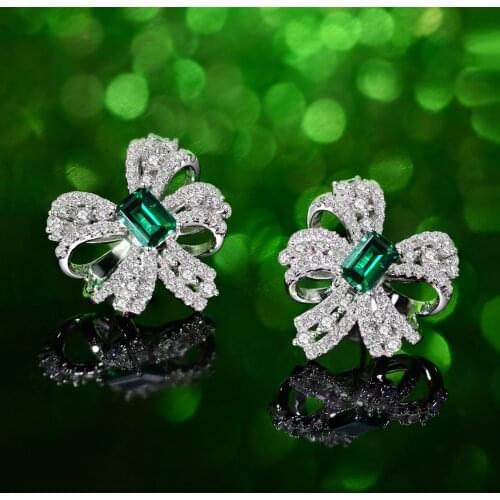 Real 925 Sterling Silver Zircon Lab Emerald Stud Earrings Bow-knot Luxury Sparking Errings for Women Office Wedding Jewelry