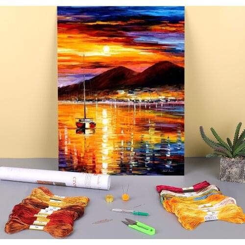 Sunset Above Vesuvius Printed Canvas 11CT Cross-Stitch DIY Embroidery Set DMC Threads Craft Needlework Sewing Package