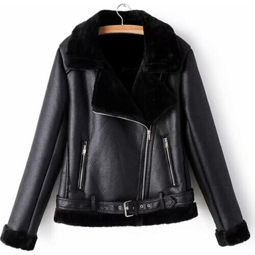 ZXQJ elegant women faux lamb wool fur leather jacket winter fashion lady sashes black outerwear streetwear female zipper suits