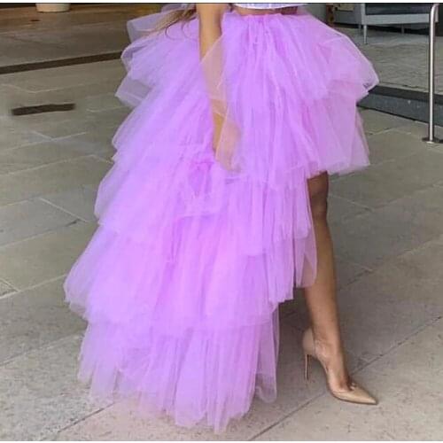 Lavender High Low Tulle Skirts for Woman Puffy Tiered Train Tulle Skirt for Female Wedding Cocktail Party Evening Dress Style
