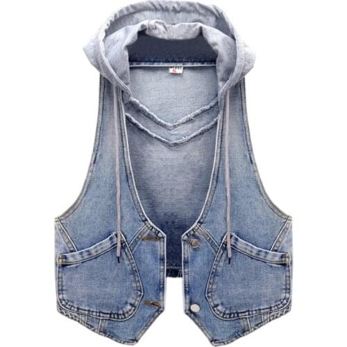Spring autumn fashion hooded short denim vest women loose hooded waistcoat plus size 3XL