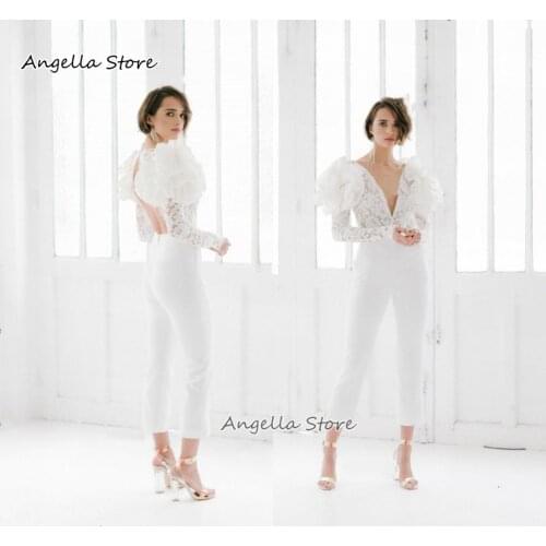 Lace Long Sleeve Jumpsuit Wedding Dress For Women 2021 Deep V Neck Ruffle Floral Sexy Backless Bridal Gown Pants Suit Boho Beach