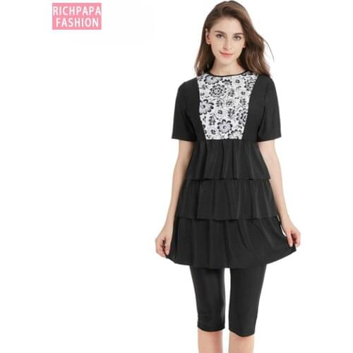 Women Modest Muslim Swimwear Full Cover Short-sleeved Hijab Burkinis Islamic Swimsuit 3 Pieces Plus Size Sport Clothing