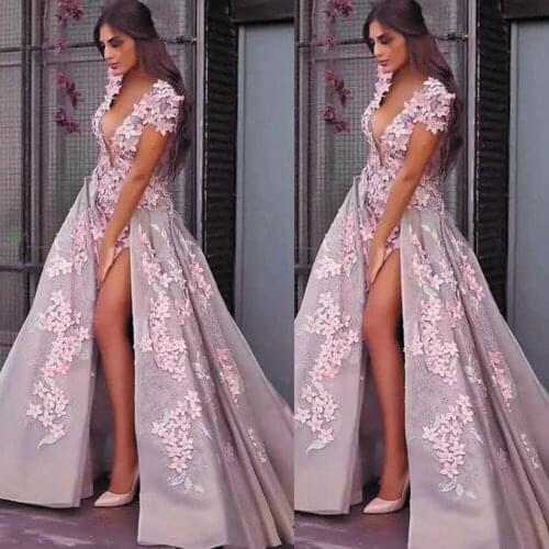 SuperKimJo Robe De Soirée Deep V Neck Elegant Prom Dresses for Women Lace Applique Dusty Pink Detachable Skirt Prom Gown