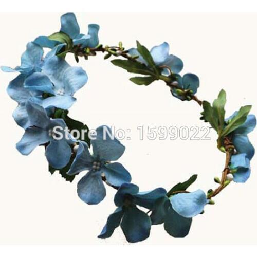 3pcs/lot Handmade Princess Adult Hair Flower Crown Sky blue Wedding Headband Artificial Hortensia Women Bride Head Accessories