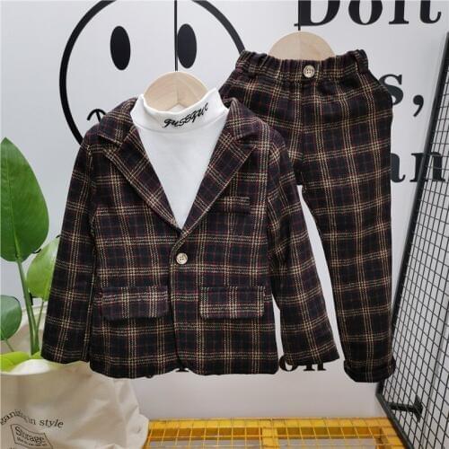 Boys Blazer Suit Korean 2019 Autumn and Winter New Baby Boys Gentleman Sets Children Casual Plaid Two-piece Suit Boy Blazer 2-8Y