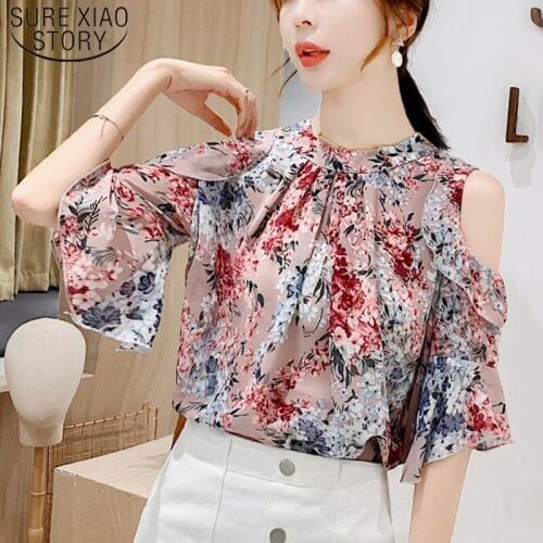 Fashion Short Print Chiffon Blouse Women Tops and Blouses Regular Shorts Floral Ladies Tops Flare Sleeve Shirts O-neck 5160 50
