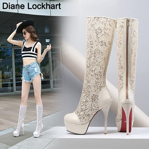 Sexy Lace mesh platform High Boots Womens Super stiletto Woman Summer Shoes Female Black Beige White Sandals High Heeled Boots
