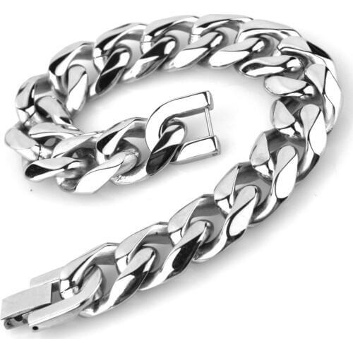 12/15/17/19mm Wide Fashion Jewelry Stainless Steel Silver Color Cuban Curb Chain Mens Boys Bracelet Bangle 7"-11"