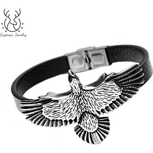 Supersix Europe America Stainless Steel Magnetic Buckle Leather Mens Domineering Eagle Wings Bracelet Jewelry Gift