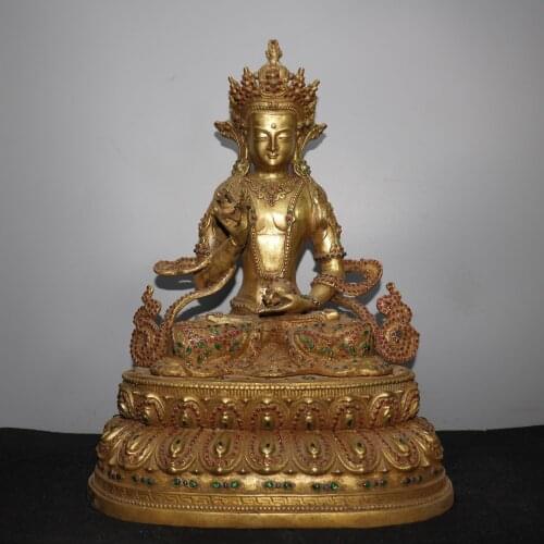 Home Decor 18"Nepal Buddhism Old Bronze Gilt mosaic Gem Vajrasattva Bodhisattva statue Sitting Buddha Enshrine the Buddha