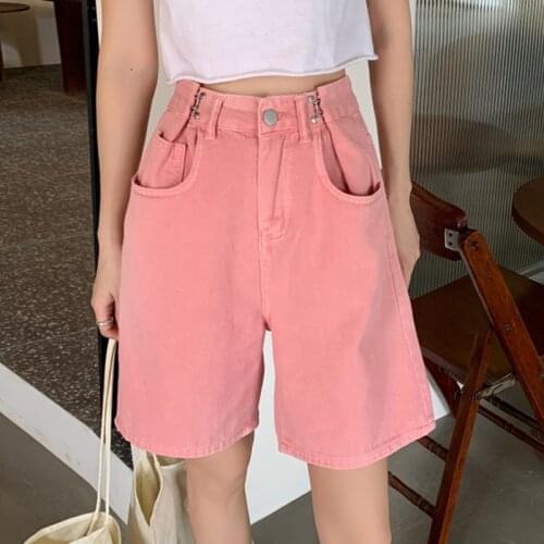Pink high waist denim shorts womens summer thin 2021 new net red loose A-line wide leg pants ripped jeans for women