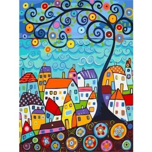 Gatyztory Frame Diy Painting By Numbers Canvas Colouring Cartoon Tree House Handpainted Wall Decor Artwork