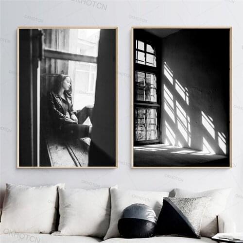 Black White Window Shadow Girl Canvas Poster Nordic Wall Art Print Picture Home Decoration Unframed