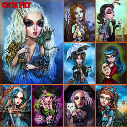 Cartoon girl And animals Diamond Embroidery Pattern DIY 5D Diamond Painting Dolphin Mermaid Cat Dragon Cross Stitch Rhinestones