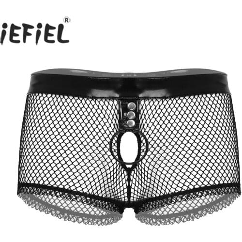 Men Hallow Out Sheer Boxer Shorts Fishnet O Ring Patchwork Panties Leather Waistband Lingerie Briefs See-through Sexy Clubwear