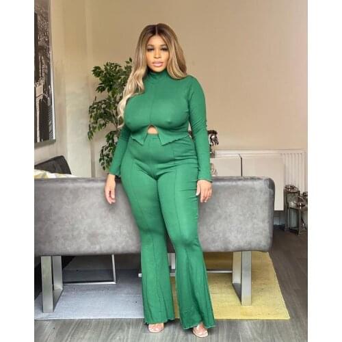 RMSFE 2021 Fashion Large Solid Color Top High Neck Split Flared Pants Casual Pants Long Sleeve Women 2 Piece Set