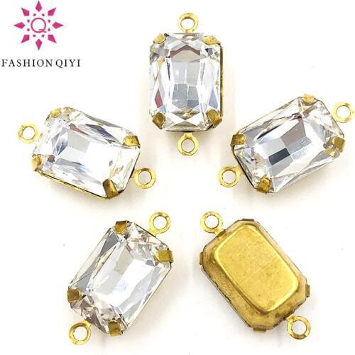 New 10X14mm Rectangular octagon sew on rhinestones Clear white Gold base Glass Crystal double loop pandent diy accessories