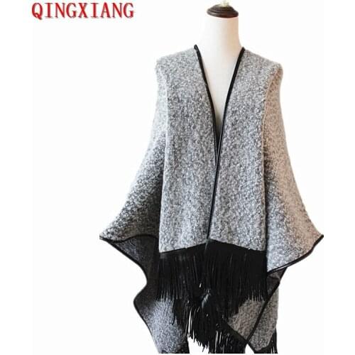 2020 Spring New Style Tassel Split Knitted Warm Thick Cardigan Autumn Winter Loop yarn Soft Napping Poncho 135cm Grey Cloak