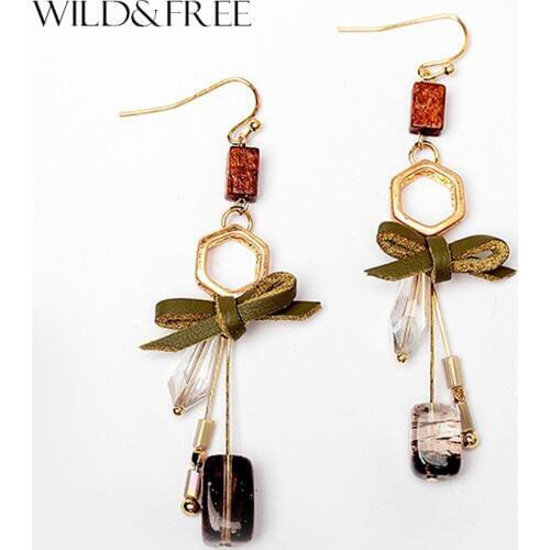 WILD & FREE Women Dark Green Leather Bowknot Natural Stone Drop Earrings Vintage Gold Long Dangle Earrings Jewelry Gift