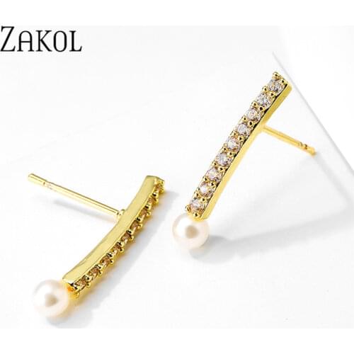 ZAKOL Romantic Bowknot Cubic Zirconia & Imitation Pearls Stud Earrings for Women Wedding Party Jewelry Wholesale Drop Shipping