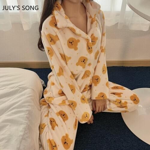 JULYS SONG Winter Woman Warm Pajamas Set Yellow Bear Print Lapel Animal Casual Thick Flannel Sleepwear Sweet Cute Pajamas