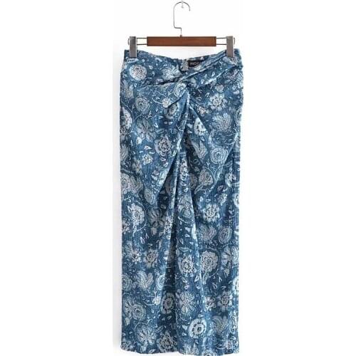 Women Skirt Vintage Totem Floral Print Knotted Design Split Back Zipper Pleated Chic Skirt Summer Slim Faldas Mujer 2021 New