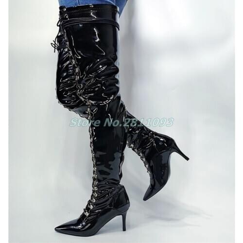 Lace Up Thin High Heel Thigh Boots Sexy Black Patent Leather Over The Knee Back Zipper Women Runway Boots Fashion Ladies